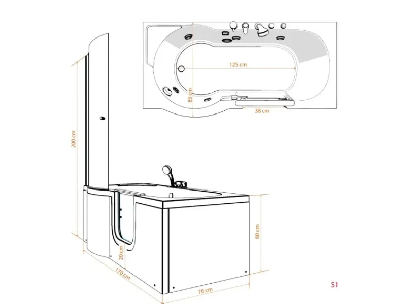 AcquaVapore Seniorendusche und Badewanne mit Tür S12D-TH-R Dusche 85x170< Einhebelmischer