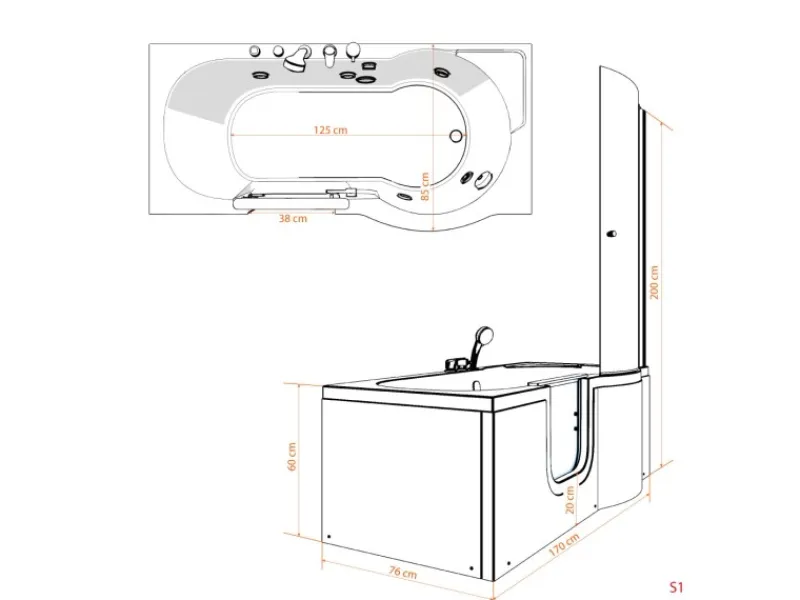 Hot AcquaVapore Seniorendusche und Badewanne mit Tür S12D-TH-L Dusche 170x85