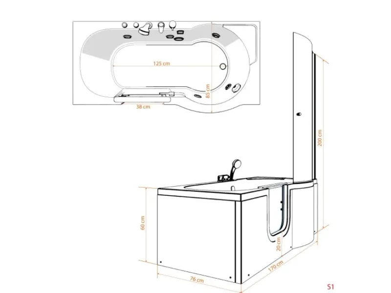Hot AcquaVapore Seniorendusche und Badewanne mit Tür S12D-L Dusche 170x85