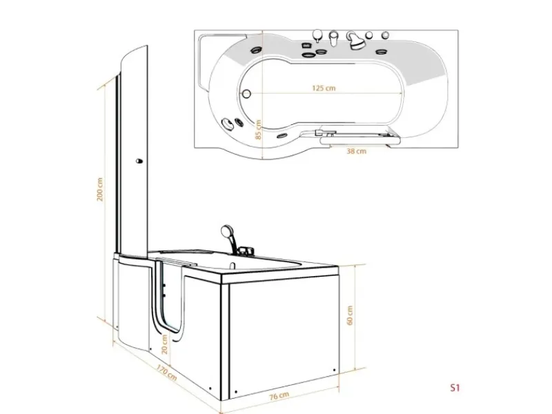 AcquaVapore Seniorendusche und Wanne mit Whirlpool S12D-EH-WP-R Dusche 85x170