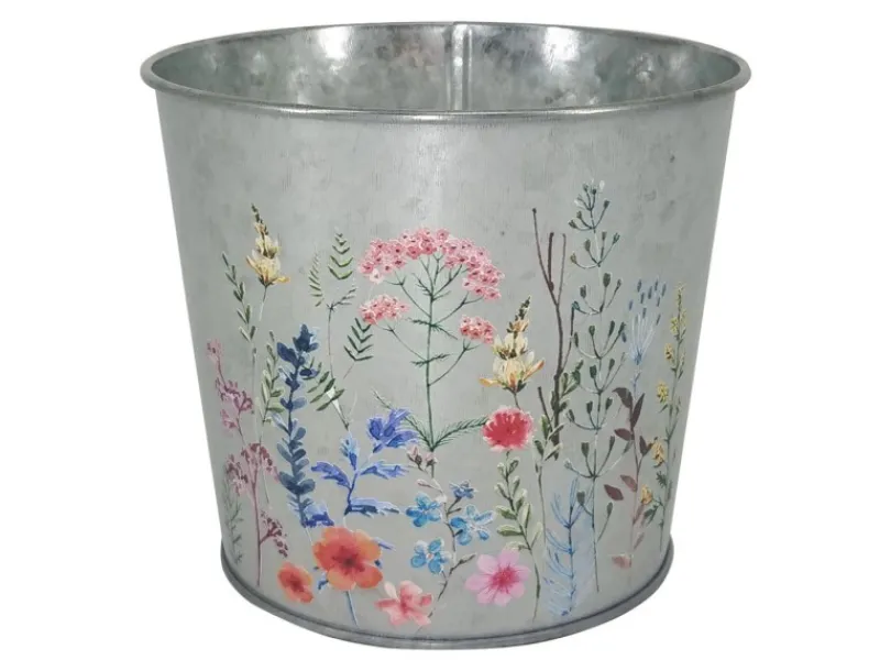 New A.H.G. Übertopf Metall Verzinkt Rund Blumenaufdruck Ø 15 cm x 13 cm Silber