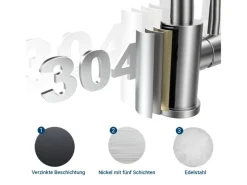 Einhebelmischer<AICA Wasserhahn 360° Drehbare Wassersparende Silber Küchenarmatur Hochdruckfestes Design aus 304 Edelstahl Gefertigt Kaltes/Warmes Wasser