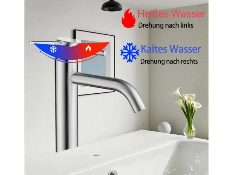 Einhebelmischer<AICA Wasserhahn Silber Bad Hoch Waschtischarmatur Auslauf Höhe 195mm Waschbecken Armaturen 304 Edelstahl Einhebelmischer Mischbatterie