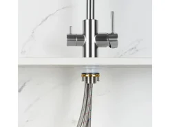 AICA Wasserhahn Silber Küche Spültischarmatur 3-Wege mit Trinkwasserfilter 2-Hebel Design für Doppelspülen 360° Schwenkbar< Zweigriffarmatur