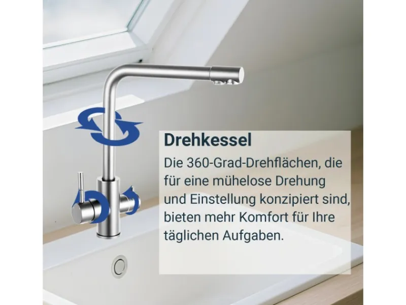 AICA Wasserhahn Silber Küche Spültischarmatur 3-Wege mit Trinkwasserfilter 2-Hebel Design für Doppelspülen 360° Schwenkbar< Zweigriffarmatur