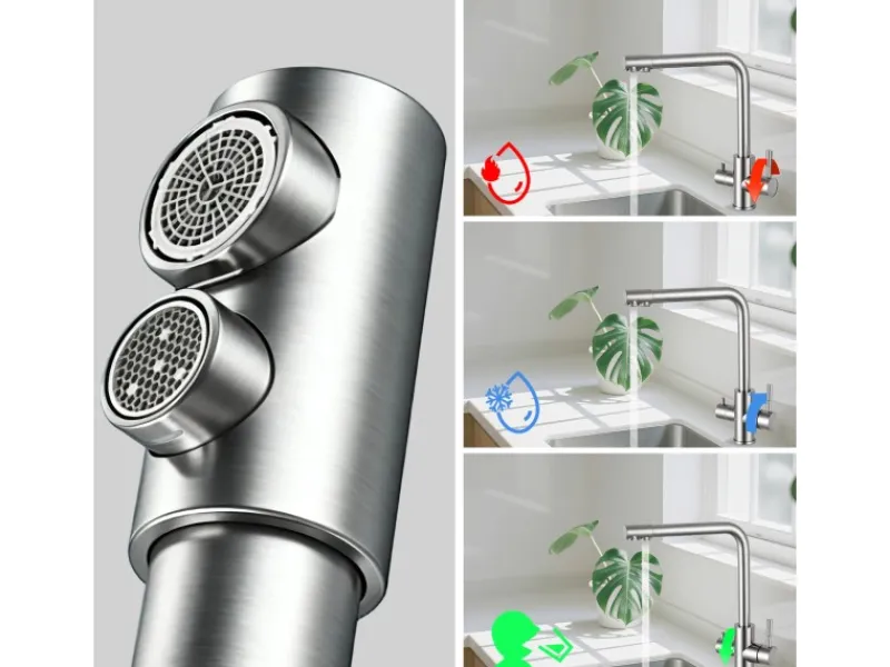 AICA Wasserhahn Silber Küche Spültischarmatur 3-Wege mit Trinkwasserfilter 2-Hebel Design für Doppelspülen 360° Schwenkbar< Zweigriffarmatur