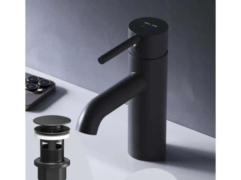 Einhebelmischer<AM.PM Einhebel Waschtischarmatur Spike Wasserhahn Bad mit Klick Ablaufgarnitur FPA82122 Schwarz