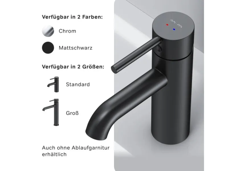 Einhebelmischer<AM.PM Einhebel Waschtischarmatur Spike Wasserhahn Bad mit Klick Ablaufgarnitur FPA82122 Schwarz