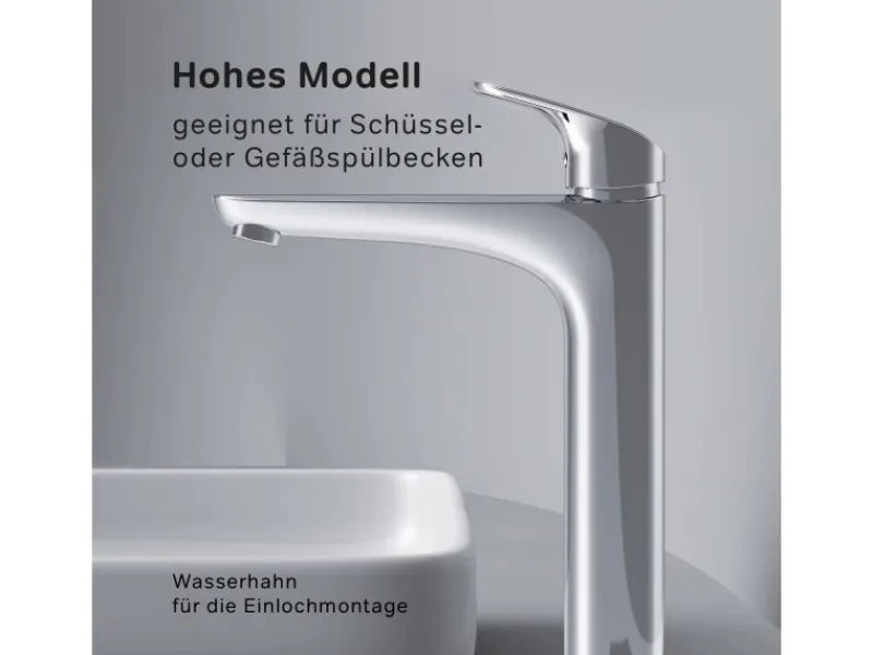 Einhebelmischer<AM.PM Waschtischarmatur Hoch mit Klick-Ablauf Like Wasserhahn Bad, Waschbecken Armatur, Mischbatterie FLA92200 Chrom