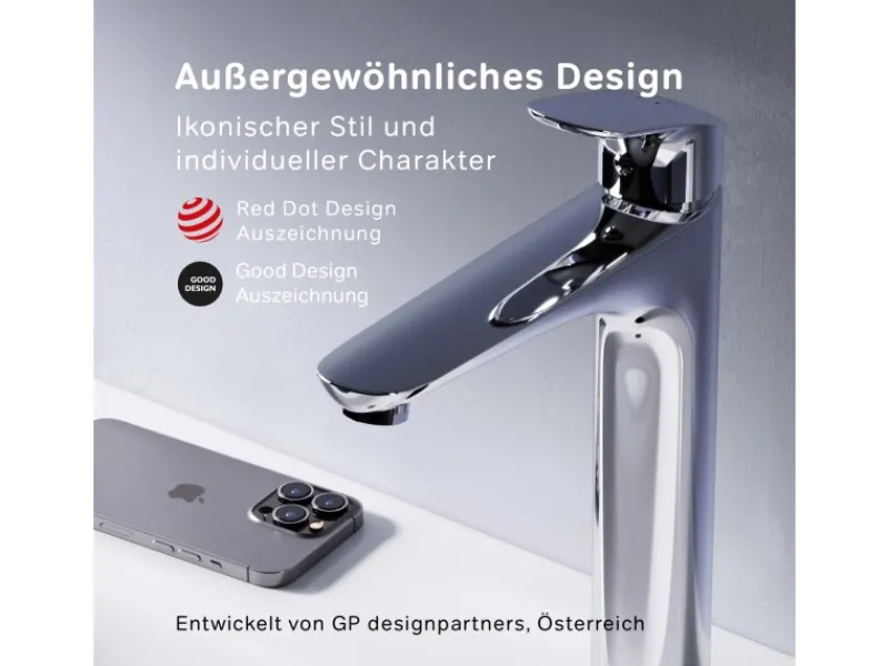 Einhebelmischer<AM.PM Waschtischarmatur Hoch mit Klick-Ablauf Like Wasserhahn Bad, Waschbecken Armatur, Mischbatterie FLA92200 Chrom