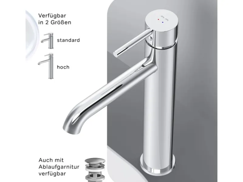 Outlet AM.PM Waschtischarmatur mit hohem Auslauf Spike Wasserhahn Bad aus Messing, Mischbatterie FPA92000 Chrom