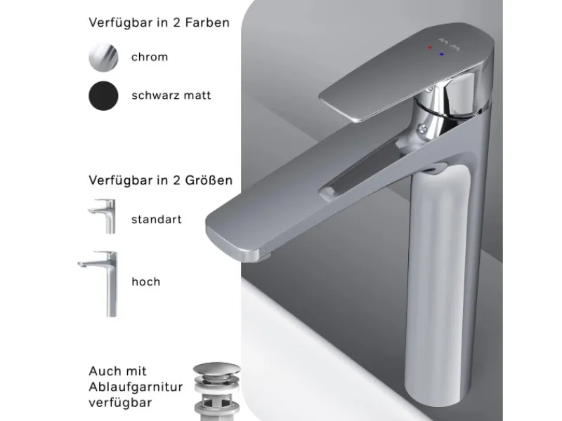 Einhebelmischer<AM.PM Waschtischarmatur mit hohem Auslauf Gem Wasserhahn Bad aus Messing, Mischbatterie FGA92000