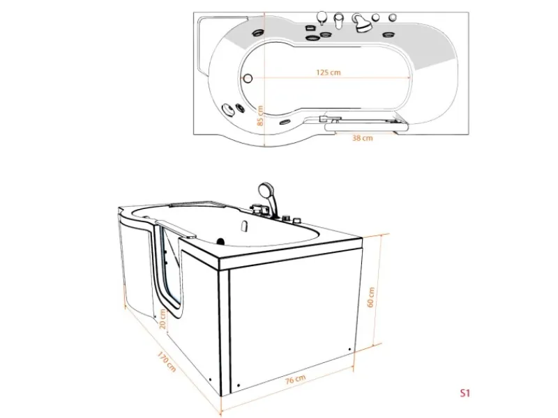 AcquaVapore AquaVapore Seniorenwanne mit Tür Whirlpool S12-TH-WP-R Badewanne 85x170cm< Einhebelmischer