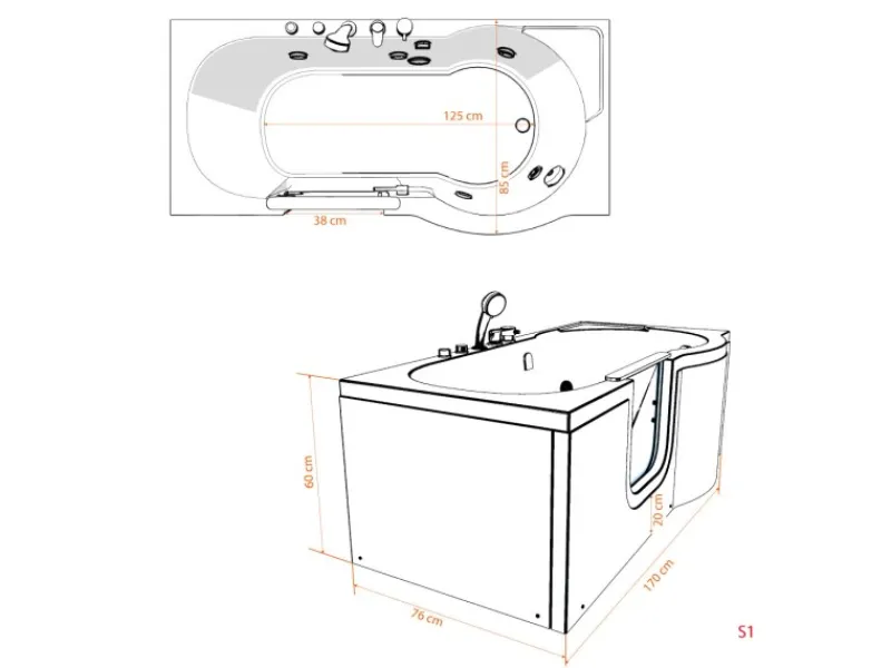 New AcquaVapore AquaVapore Seniorenwanne mit Tür Whirlpool S12-TH-AIR-L Badewanne 170x85cm