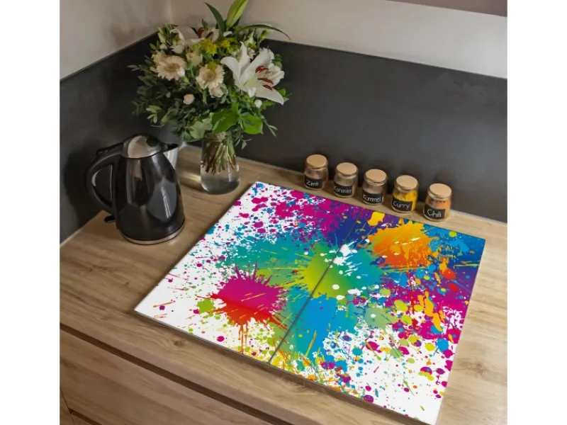 New Banjado Herdabdeckplatte Glas 2 Teilig Je 30x52CM Schneidebrett Herdabdeckung Mit Motiv Farbspritzer