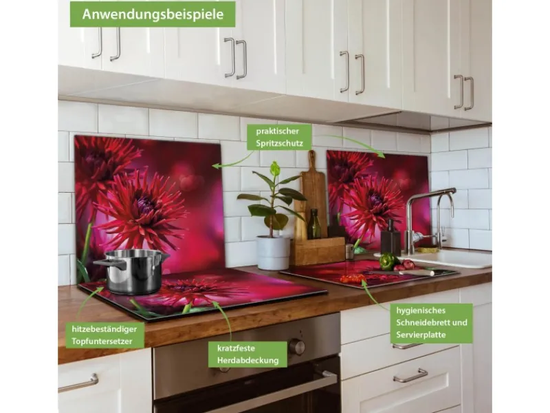 Clearance Banjado Herdabdeckplatte Glas 1 Teilig 60x52CM Schneidebrett Herdabdeckung Mit Motiv Rote Dahlien