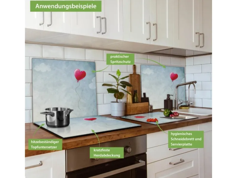 Banjado Herdabdeckplatte Glas 1 Teilig 60x52CM Schneidebrett Herdabdeckung Mit Motiv Herzballon< Schneidebretter|Herde