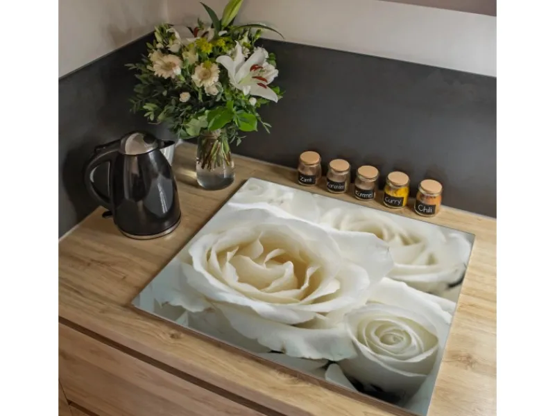 Banjado Herdabdeckplatte Glas 1 Teilig 60x52CM Schneidebrett Herdabdeckung Mit Motiv White Roses< Schneidebretter|Herdabdeckungen
