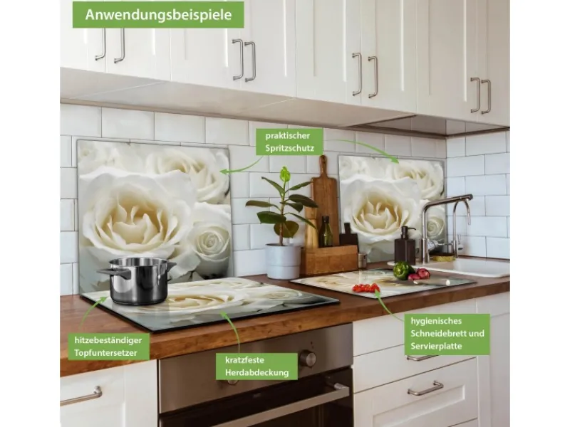 Banjado Herdabdeckplatte Glas 1 Teilig 60x52CM Schneidebrett Herdabdeckung Mit Motiv White Roses< Schneidebretter|Herdabdeckungen