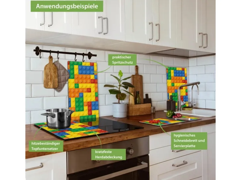 Banjado Herdabdeckplatte Glas 2 Teilig Je 30x52CM Schneidebrett Herdabdeckung Mit Motiv Bausteine< Herdabdeckungen|Herde