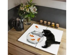 Online Banjado Herdabdeckplatte Glas 2 Teilig Je 30x52CM Schneidebrett Herdabdeckung Mit Motiv Katze Und Fisch