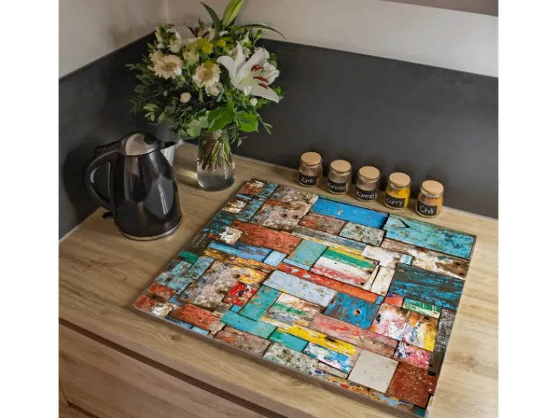 Sale Banjado Herdabdeckplatte Glas 1 Teilig 60x52CM Schneidebrett Herdabdeckung Mit Motiv Bunte Holzschindeln