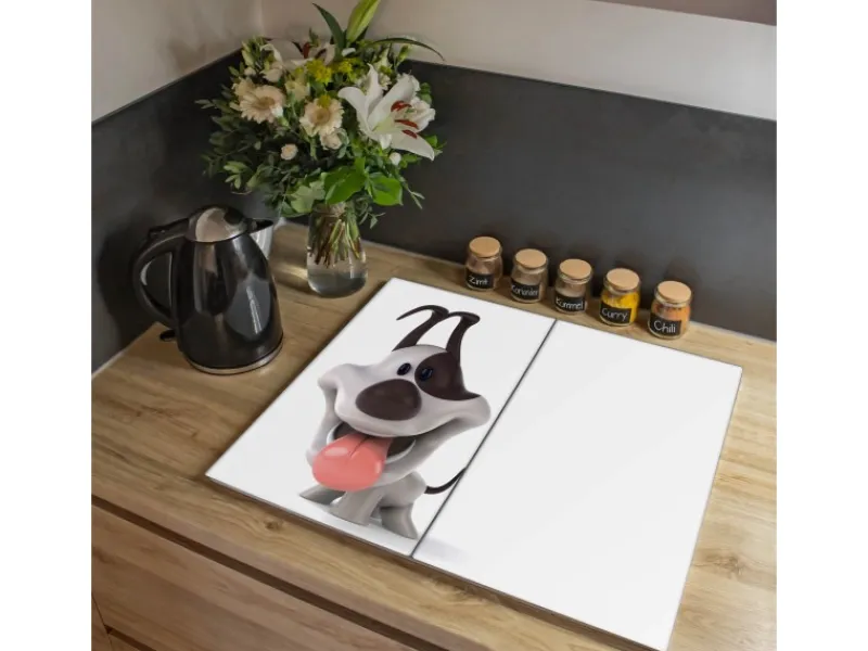 New Banjado Herdabdeckplatte Glas 2 Teilig Je 30x52CM Schneidebrett Herdabdeckung Mit Motiv Comic-Hund