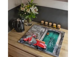Hot Banjado Herdabdeckplatte Glas 2 Teilig Je 30x52CM Schneidebrett Herdabdeckung Mit Motiv Italienischer Roller