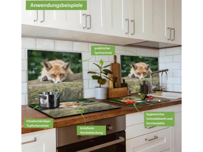 Banjado Herdabdeckplatte Glas 1 Teilig 60x52CM Schneidebrett Herdabdeckung Mit Motiv Fuchs Relax< Schneidebretter|Herdabdeckungen