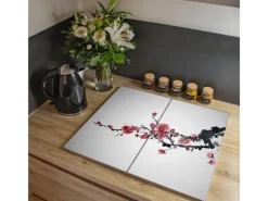 Banjado Herdabdeckplatte Glas 2 Teilig Je 30x52CM Schneidebrett Herdabdeckung Mit Motiv Japanische Blüten 2< Herde|Kochfelder