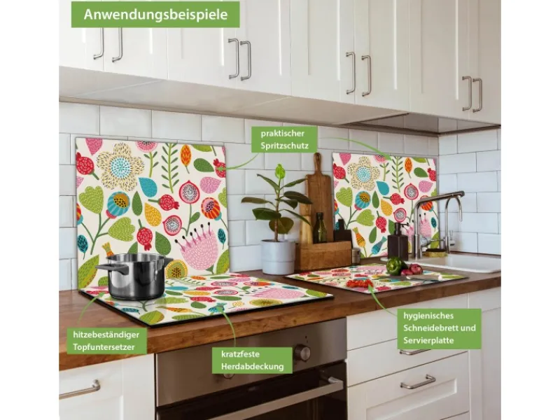 Outlet Banjado Herdabdeckplatte Glas 1 Teilig 60x52CM Schneidebrett Herdabdeckung Mit Motiv Blumen Naiv