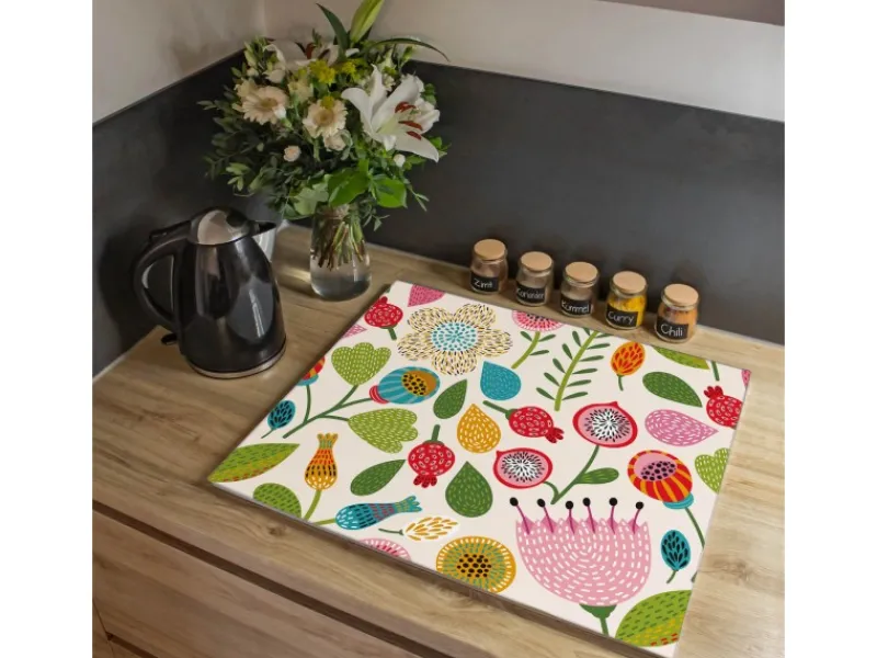 Outlet Banjado Herdabdeckplatte Glas 1 Teilig 60x52CM Schneidebrett Herdabdeckung Mit Motiv Blumen Naiv