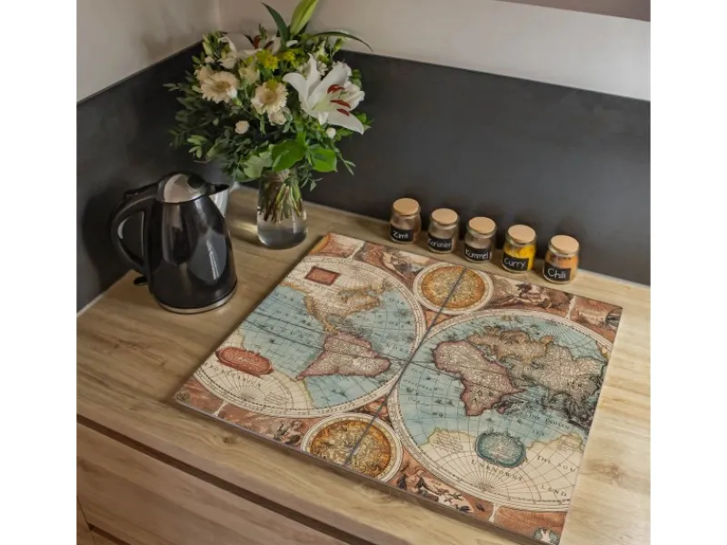 Hot Banjado Herdabdeckplatte Glas 2 Teilig Je 30x52CM Schneidebrett Herdabdeckung Mit Motiv Historische Weltkarte
