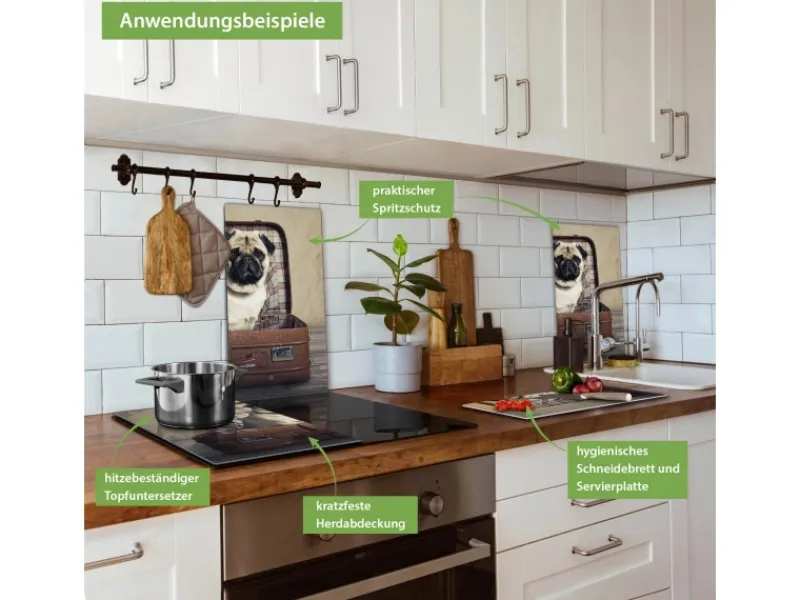Online Banjado Herdabdeckplatte Glas 2 Teilig Je 30x52CM Schneidebrett Herdabdeckung Mit Motiv Mops Im Koffer