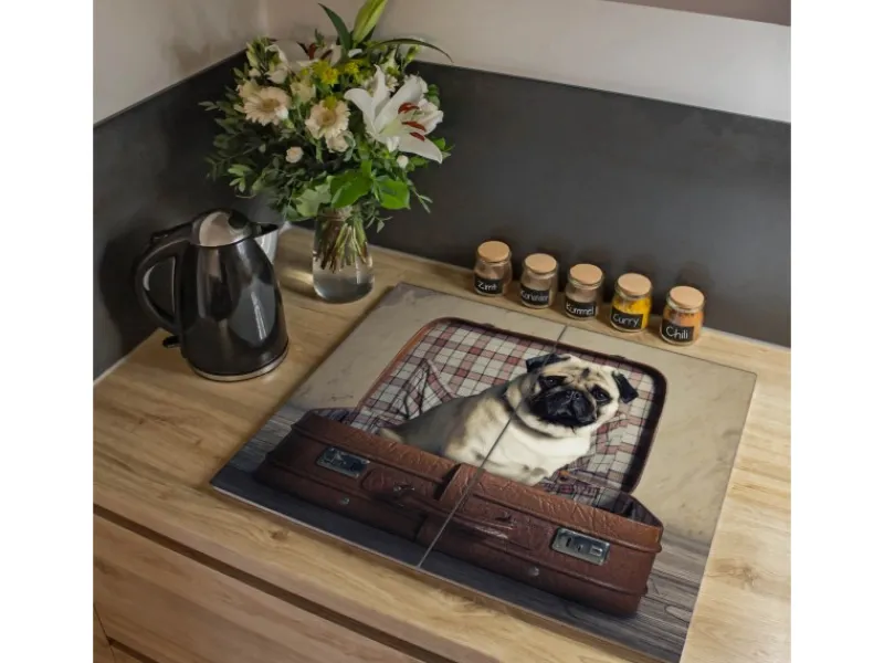 Online Banjado Herdabdeckplatte Glas 2 Teilig Je 30x52CM Schneidebrett Herdabdeckung Mit Motiv Mops Im Koffer