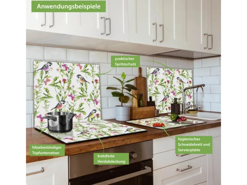 Banjado Herdabdeckplatte Glas 1 Teilig 60x52CM Schneidebrett Herdabdeckung Mit Motiv Meisen Im Klee< Herdabdeckungen|Herde