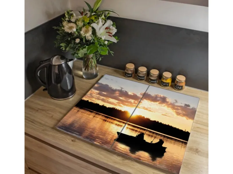 Banjado Schneidebretter|Herdabdeckungen<Herdabdeckplatte Glas 2 Teilig Je 30x52CM Schneidebrett Herdabdeckung Mit Motiv Angler