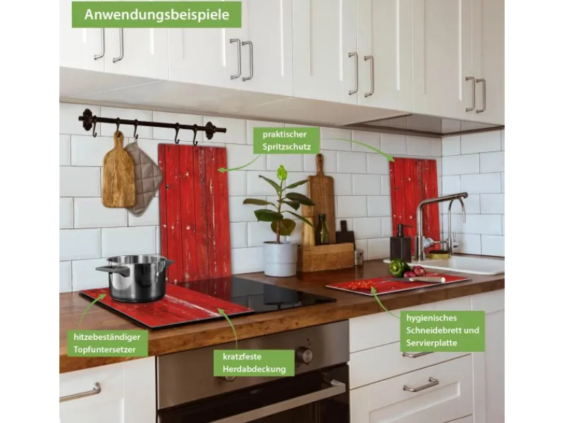 Banjado Schneidebretter|Herdabdeckungen<Herdabdeckplatte Glas 2 Teilig Je 30x52CM Schneidebrett Herdabdeckung Mit Motiv Rote Holzlatten
