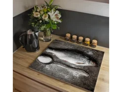 Banjado Schneidebretter|Herdabdeckungen<Herdabdeckplatte Glas 1 Teilig 60x52CM Schneidebrett Herdabdeckung Mit Motiv Fisch Und Salz