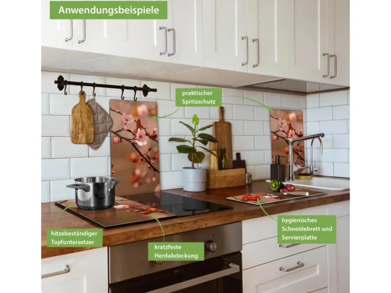 Outlet Banjado Herdabdeckplatte Glas 2 Teilig Je 30x52CM Schneidebrett Herdabdeckung Mit Motiv Blühender Kirschzweig