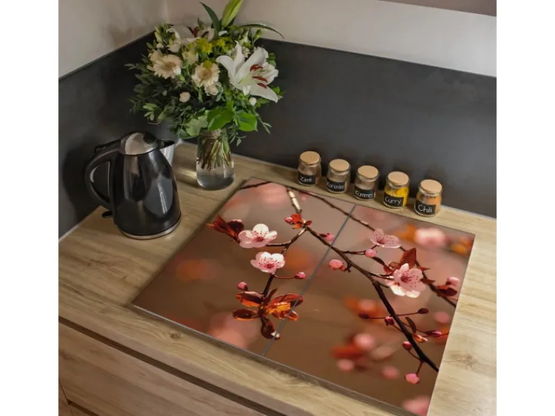 Outlet Banjado Herdabdeckplatte Glas 2 Teilig Je 30x52CM Schneidebrett Herdabdeckung Mit Motiv Blühender Kirschzweig