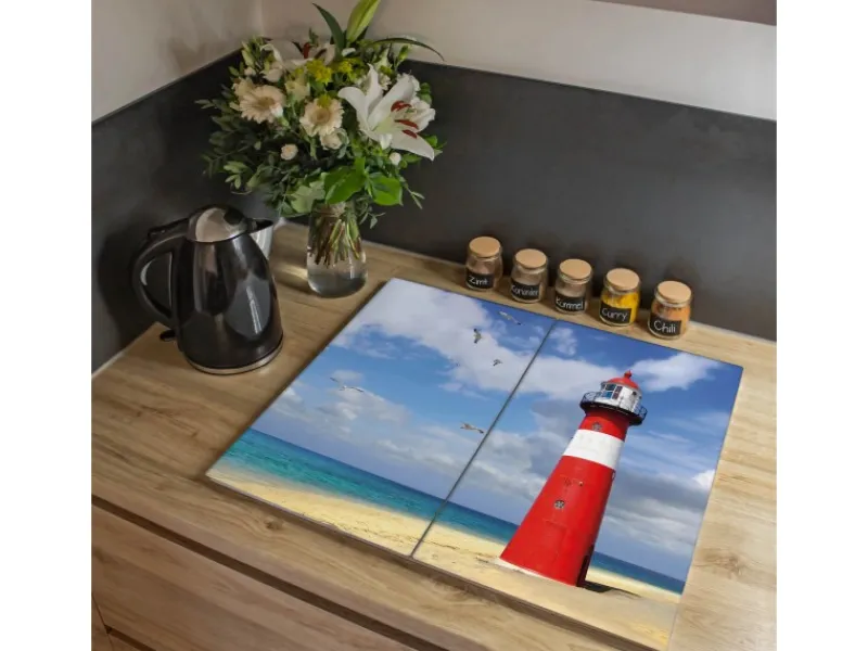 Banjado Herde|Kochfelder<Herdabdeckplatte Glas 2 Teilig Je 30x52CM Schneidebrett Herdabdeckung Mit Motiv Leuchtturm Westkapelle
