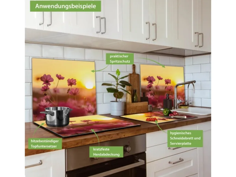 Banjado Herdabdeckplatte Glas 1 Teilig 60x52CM Schneidebrett Herdabdeckung Mit Motiv Cosmea Feld