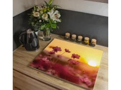 Banjado Herdabdeckplatte Glas 1 Teilig 60x52CM Schneidebrett Herdabdeckung Mit Motiv Cosmea Feld