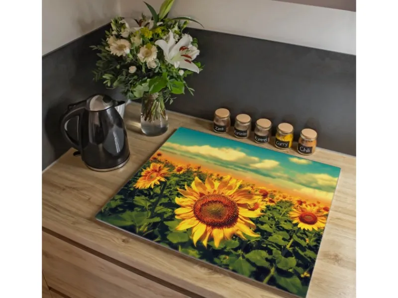 Hot Banjado Herdabdeckplatte Glas 1 Teilig 60x52CM Schneidebrett Herdabdeckung Mit Motiv Sonnenblumen