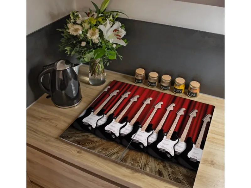 Banjado Herdabdeckplatte Glas 2 Teilig Je 30x52CM Schneidebrett Herdabdeckung Mit Motiv E-Gitarren