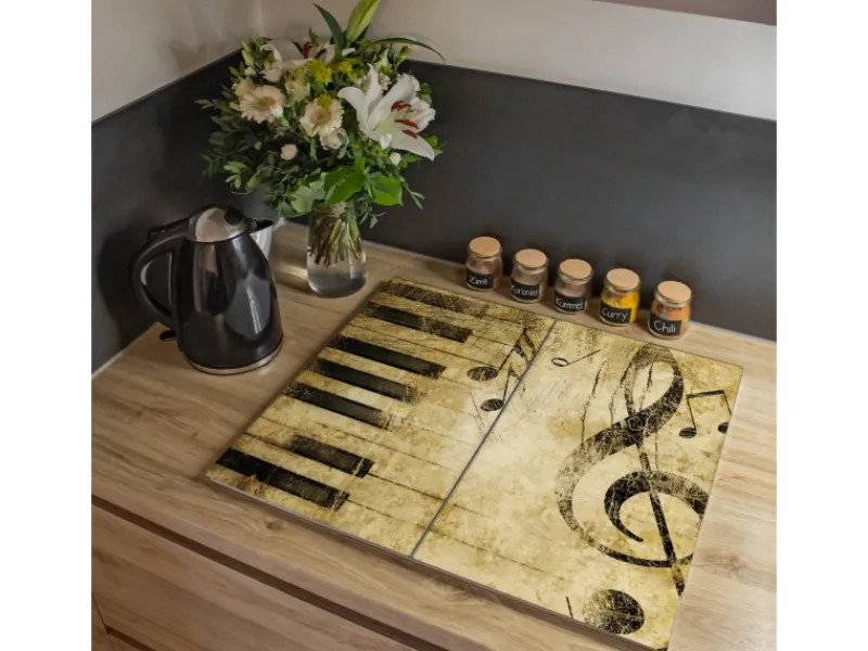 Hot Banjado Herdabdeckplatte Glas 2 Teilig Je 30x52CM Schneidebrett Herdabdeckung Mit Motiv Music