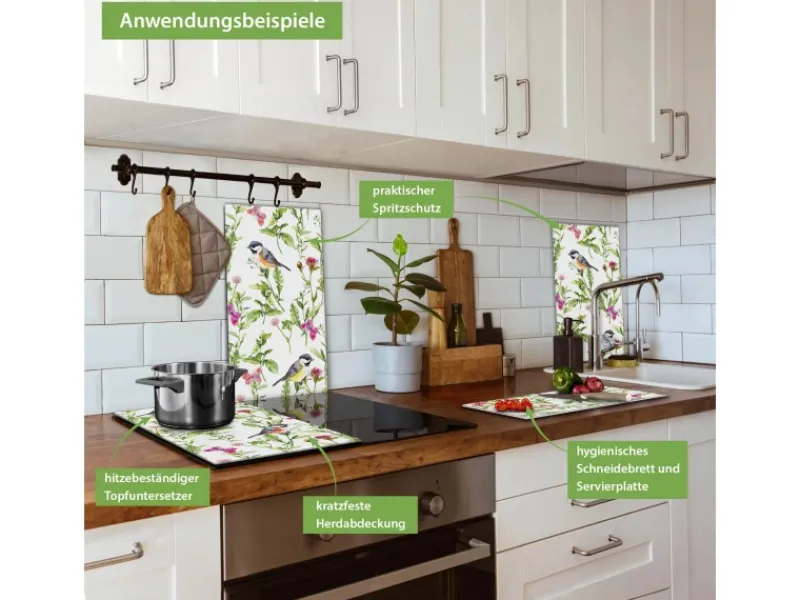 Outlet Banjado Herdabdeckplatte Glas 2 Teilig Je 30x52CM Schneidebrett Herdabdeckung Mit Motiv Meisen Im Klee