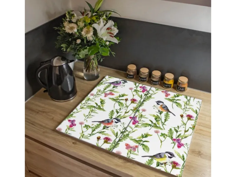 Outlet Banjado Herdabdeckplatte Glas 2 Teilig Je 30x52CM Schneidebrett Herdabdeckung Mit Motiv Meisen Im Klee