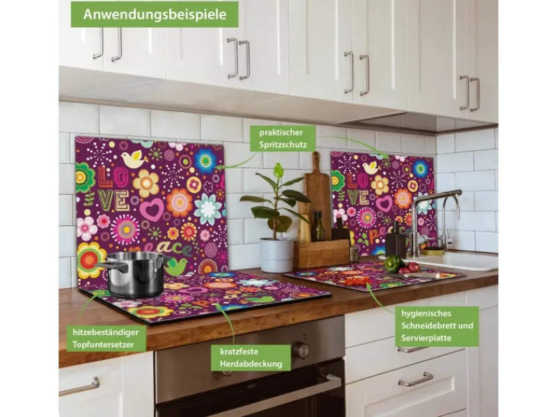 Banjado Herdabdeckplatte Glas 1 Teilig 60x52CM Schneidebrett Herdabdeckung Mit Motiv Love And Peace< Schneidebretter|Herdabdeckungen